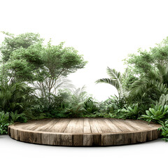 Obraz premium Wooden Platform Surrounded by Lush Greenery Tranquil Nature Scene