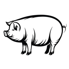 Stylized Pig Illustration, Black and White, Farm Animal, Side View, Outline Drawing