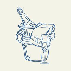 Champagne bottle in ice bucket hand drawn ink sketch. Cold sparkling alcoholic beverage in a metal pail. Whimsical luxury line art vector illustration of champagne in the bucket. Vintage illustration. © Berentina