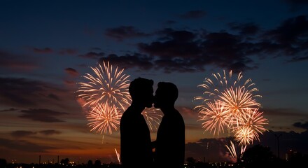 Silhouette of LGBTQ couple kissing with fireworks – digital painting

