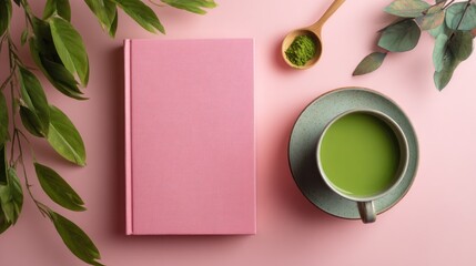Pink book, matcha latte, and greenery on a pink background