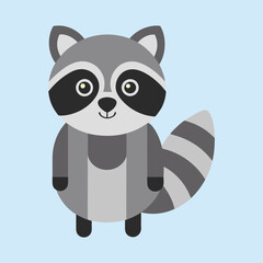 Cute simplified cartoon raccoon with geometric shapes standing on light blue background