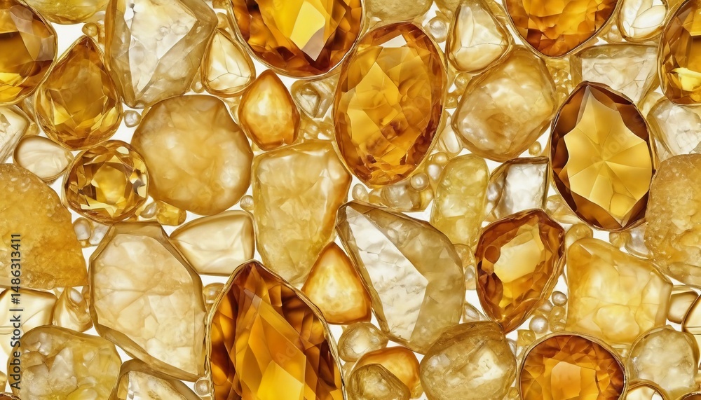 Poster a stunning array of golden gemstones shines softly, featuring diverse shapes and sizes that enhance 