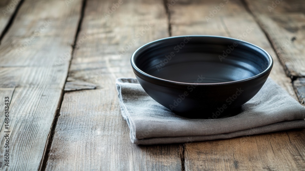Poster empty black bowl on rustic wooden table with linen napkin.