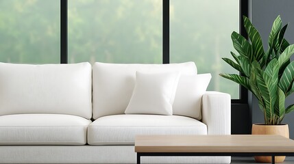 Bright Modern Living Room Featuring a White Sofa, Wooden Table, Potted Plant, and Serene Window View.