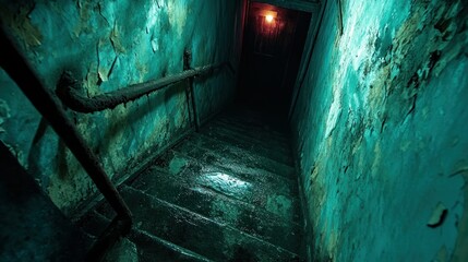 Dark, decaying basement stairs
