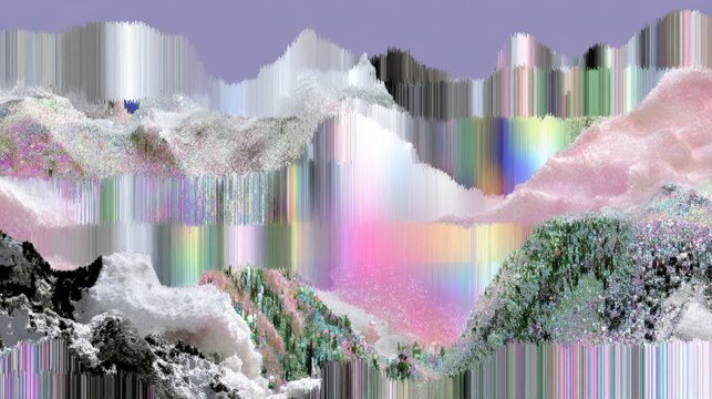 Abstract glitched mountain landscape with vibrant colors and textures