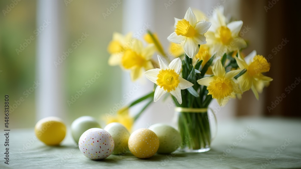 Aufkleber bright yellow daffodils and pastel easter eggs create a festive spring atmosphere on a soft green ta