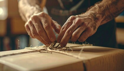 Craftsman Hands Tying Brown Twine Around Wrapped Package In Workshop Close Up Shot