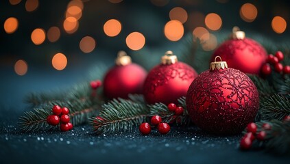 Obraz premium Red Christmas ornaments, pine, and berries on a dark background