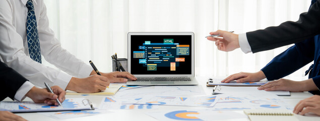 Software development or programming work with coding screen of various programming languages like HTML, metaverse, metaverse, and C brisk for new application development