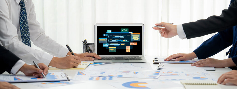 Software development or programming work with coding screen of various programming languages like HTML, metaverse, metaverse, and C brisk for new application development