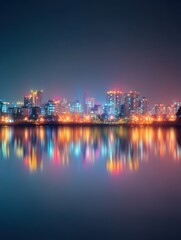 Fototapeta premium Stunning Night Cityscape Reflection on Water with Illuminated Buildings and Vibrant Lights in Urban Setting Capturing the Essence of Modern Metropolis