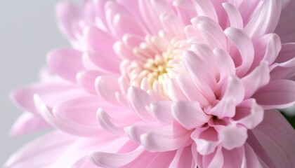 Soft focus close-up of a blooming pink chrysanthemum with layers of delicate petals and a golden center