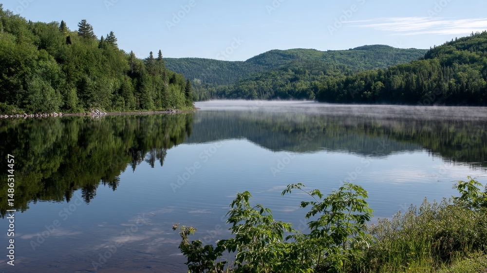 Poster early morning mist rises from a serene lake, surrounded by lush trees and distant mountains under a 