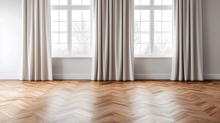 Bright Room with Large Windows, Neutral Curtains, and Herringbone Wood Flooring Enhancing Natural Light and Spacious Atmosphere.