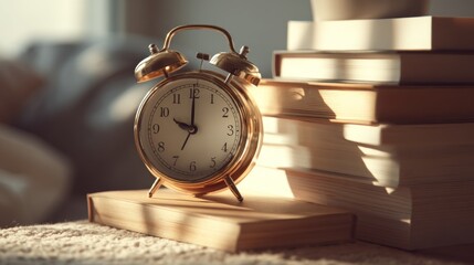 Naklejka premium Morning sunlight, alarm clock, books, quiet time