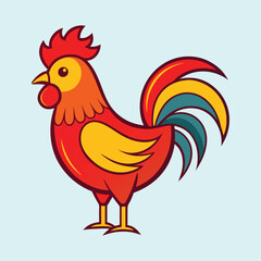 Stylized Cartoon Rooster Illustration Standing on Light Blue Background Isolated Image