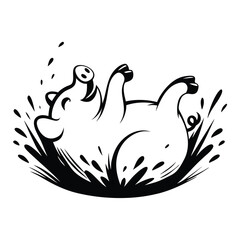Happy Pig Cartoon Lying on Back, Splashing in Mud, Black and White