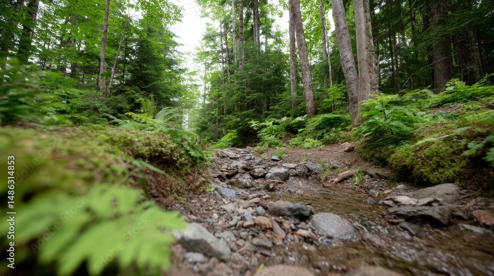 Leinwandbilder a serene stream flows over smooth rocks in a lush forest, embraced by ferns and moss, while gentle l