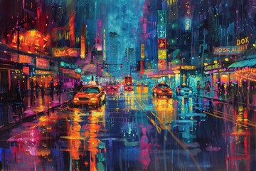 Obraz premium Rainy Night in a Vibrant Neon City Varient 3