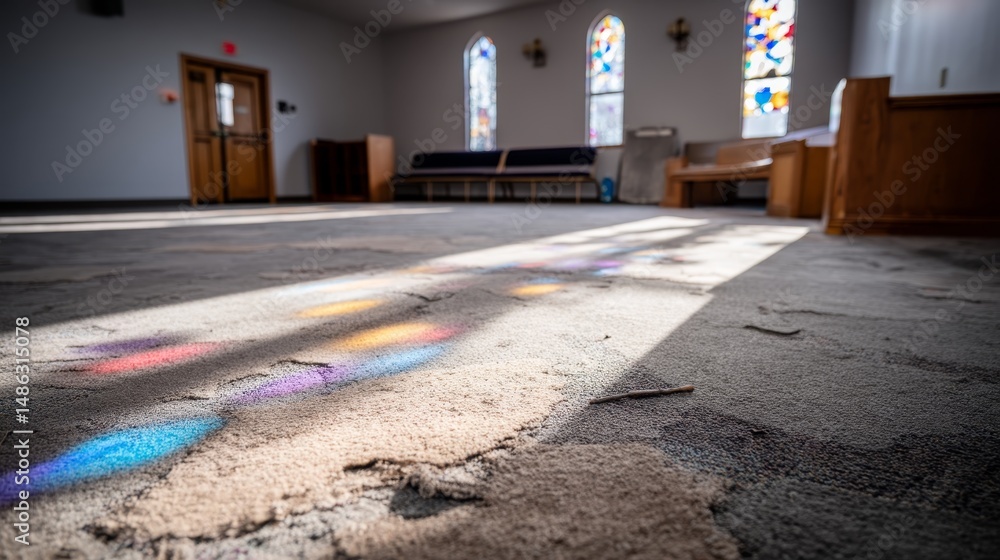 Leinwandbilder Sunlight streams through broken stained glass, illuminating the chapel floor with colorful patterns, creating a serene and reflective atmosphere