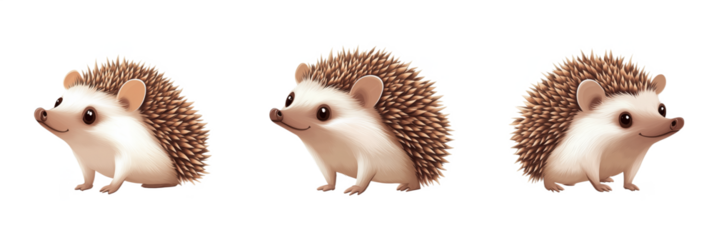 Cute cartoon hedgehogs in various poses showcasing adorable features and spiky fur, isolated on transparent background, png