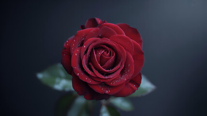 Close-up of a red rose with curled petals, moody lighting, dramatic tones, and a dark minimalist backdrop in high-detail realism