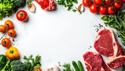 Raw meat & produce border white. Vegetables include tomatoes, pepper, garlic, broccoli, herbs. Empty space