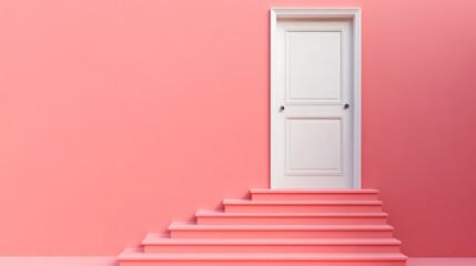 Simple steps leading to a white door on a pink wall.