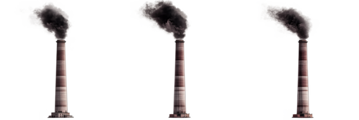 Industrial smokestacks emitting black smoke against white background, isolated on transparent background, png