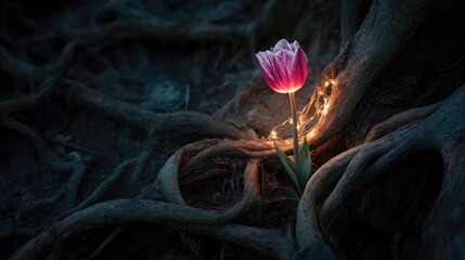 A mesmerizing tulip glowing with magical energy nestled within the twisted roots of an ancient tree
