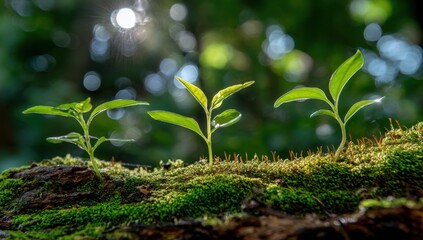 Three young green seedlings growing in mossy forest Sunlight shining New life beginning in nature