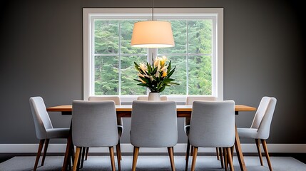 Elegant dining room setting with natural light, a modern table arrangement, and a scenic outdoor view.
