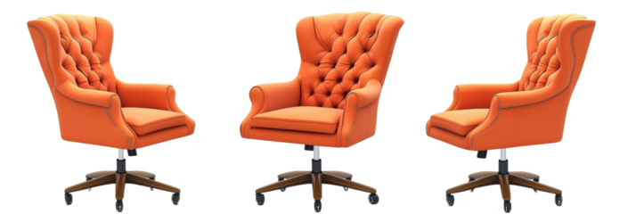 Stylish orange tufted office chairs with swivel base and wooden wheels, isolated on transparent background, png