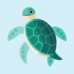 A Cartoon Sea Turtle Swimming in a Calm Light Blue Ocean Water