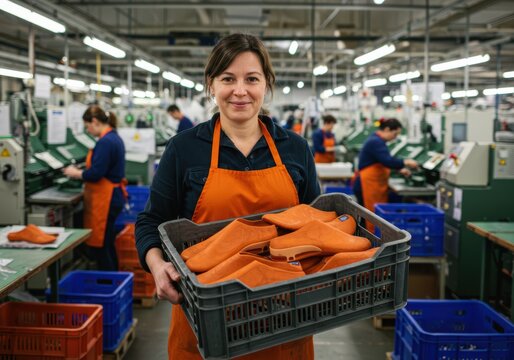 A smiling woman holds a crate of shoe parts, showcasing manufacturing processes in a factory setting.