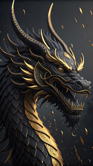 Fototapeta premium dragon, black, gold, majestic, scales, horns, dark, fantasy, mythical, creature, wallpaper, background, art,