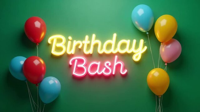 A vibrant birthday bash scene with neon sign and colorful balloons against a green background wall 4k video