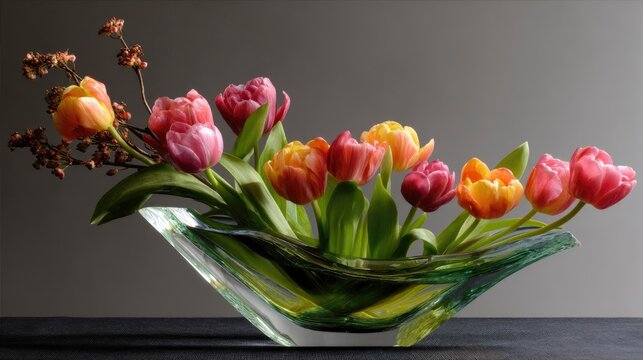 A modern floral design where colorful tulips rest in an angular glass sculpture-inspired vessel