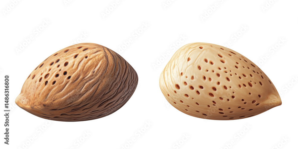 Poster almond varieties showcasing outer shells and inner nuts with distinct textures and colors, isolated 