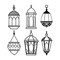 Arabic Traditional Lamps . Ramadan Hanging Lamp Icons – Black Silhouette Set

