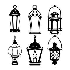 Arabic Traditional Lamps . Ramadan Hanging Lamp Icons – Black Silhouette Set

