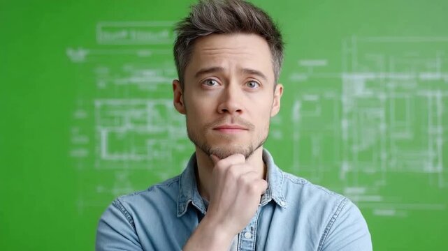 Contemplation and Problem Solving: A man with a thoughtful expression, hand on chin, contemplates a problem. He appears to be in a state of deep thought.