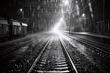 Rainy Night on Railway Tracks, Black and White Photograph Varient 2