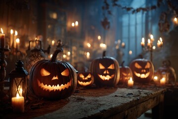 Fototapeta premium Spooky Halloween Halloween pumpkins glowing in the dark with candles and eerie decor filling an old rustic room