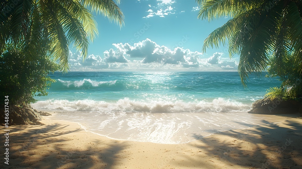 Poster tranquil beach scene with swaying palm trees and crashing waves