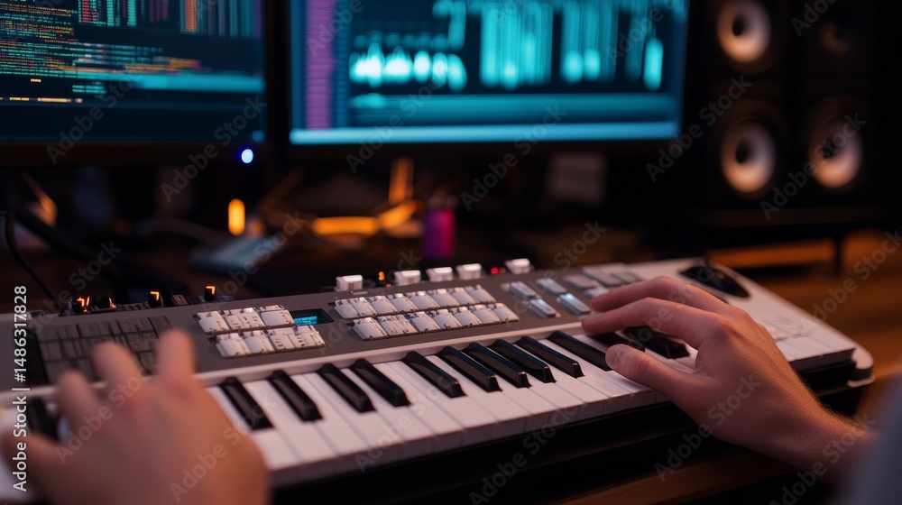 Leinwandbilder Fingers move swiftly over a mechanical keyboard in a workspace filled with multiple monitors showcasing complex code and various graphs illuminating the dark