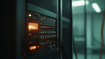 Naklejka premium Focusing on a server rack filled with vibrant cables and connectors, this shot highlights the intricate technology present in a modern server room
