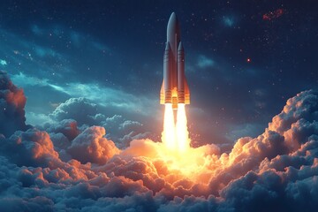 Rocket ascends through clouds into starry night